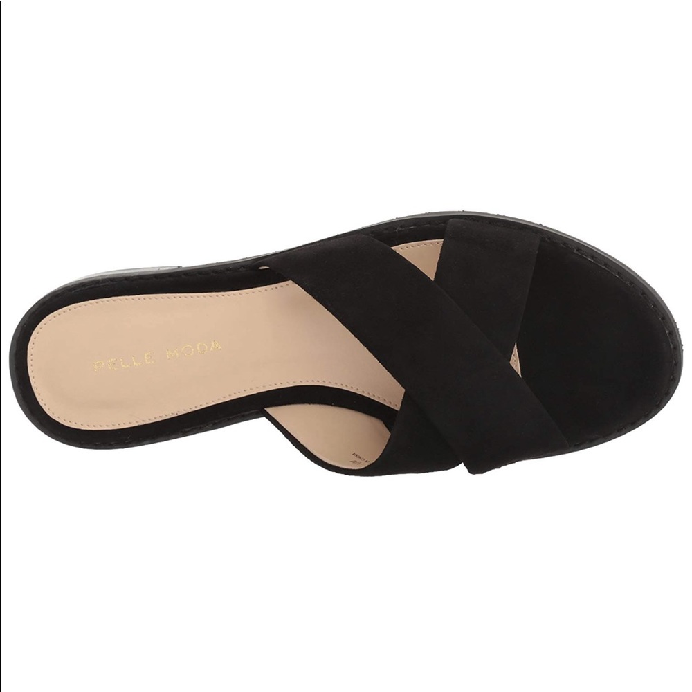 Black Crossover Strap Genuine Leather Slide Sandal - Picture 4 of 5